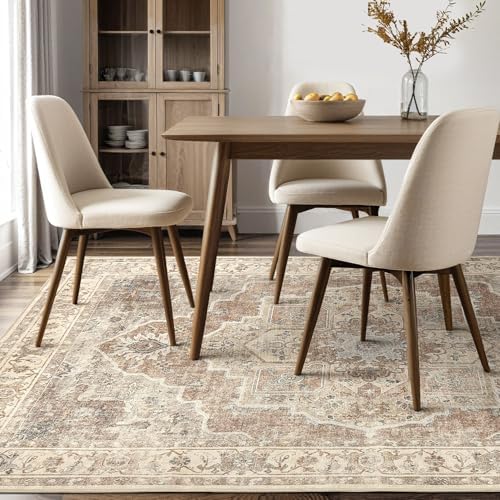 Washable Area Rug-9X12 Vintage Neutral Soft Beige Brown