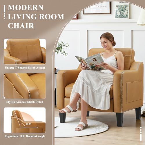 MALOL PU Leather Accent Chair, Mid-Century Modern Living Room Armchair Sofa w...