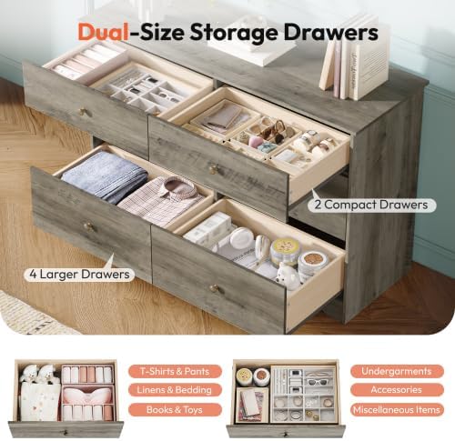 VINGLI Grey Dresser 6 Drawer Gray Dresser for Bedroom, 45"W Rustic Grey