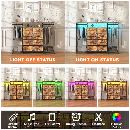 59.1" W Dresser for Bedroom with Hanging Rack, 8 Drawer Dresser with LED...