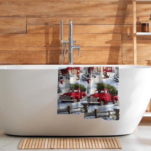 Giwawa Red Truck Hand Towels Winter Xmas Tree Bath Fingertip Towel Set of 2 Soft Absorbent Holiday Kitchen Dish Wash Cloth for Bathroom Hotel Gym