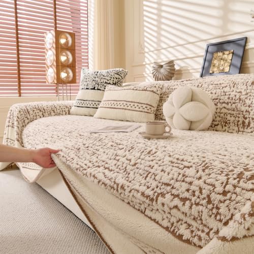 ROOMLIFE Thicked Striped Boho Khaki Couch Cover for 2-3 Cushion Sofa, Fuzzy P...