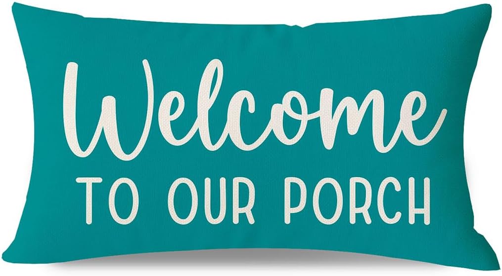PANDICORN Farmhouse Throw Pillow Covers 12x20 Welcome to Our Porch, Teal | Outdoor Boho Decorations Lumbar Decorative Cushion Case for Home Sofa Couch Front Porch Patio Decor