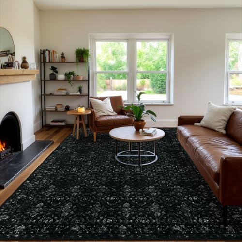 Hedlive Vintage Black Rug for Living Room 9x12, Ultra-Thin Washable Large Are...