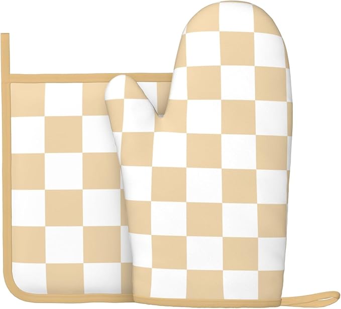 Checkered Beige Silicone Oven Mitts Pan Mats Set of 2, Heat Resistant Gloves by Cayiibe