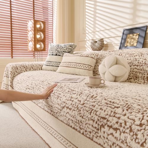 ROOMLIFE Thicked Striped Boho Khaki Couch Cover for 2-3 Cushion Sofa, Fuzzy P...