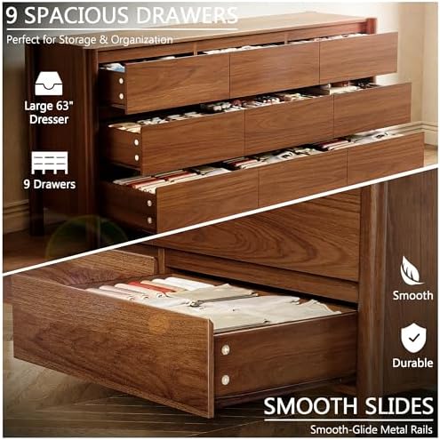 HOUROM Walnut Dresser for Bedroom,63"Wide 9 Drawer Mid Century Modern Chest