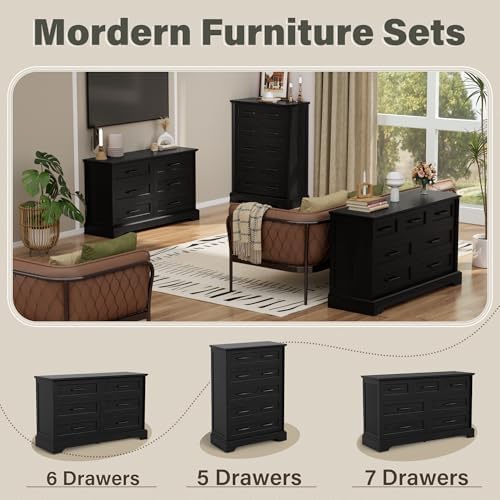 YESHOMY Dresser for Bedroom, Farmhouse 6 Drawers Dressers, Black