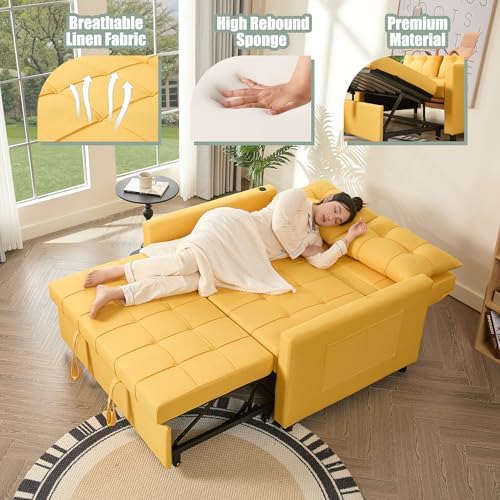 GOSUHI 52" 3-in-1 Convertible Sleeper Sofa Bed, Linen, Yellow
