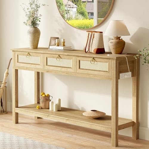 SUPERJARE Rattan Console Sofa Table with Outlets and USB-C Port, 3 Drawer Ent...