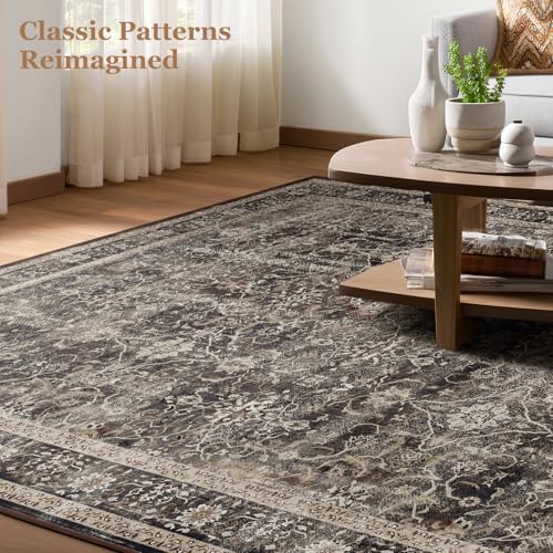 Washable Hallway Runner Rug 2'x6', Vintage MCM, Black/Brown/Beige