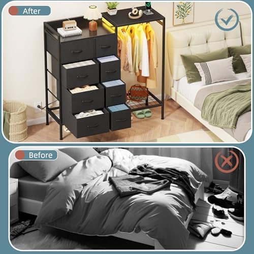HIGDBFE 8-Drawer Dresser with Hanging Rack for Bedroom, Black, 11.8" D