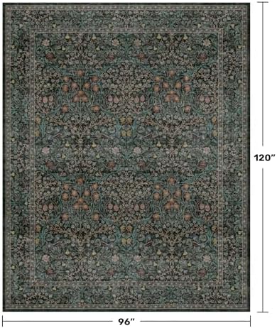 Floral Dark Green Washable Area Rugs 8x10, Vintage Living Room Rug