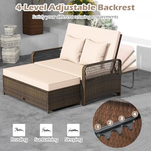 Tangkula Patio Rattan Daybed with 4-Level Adjustable Backrest, 2-Person Outdo...