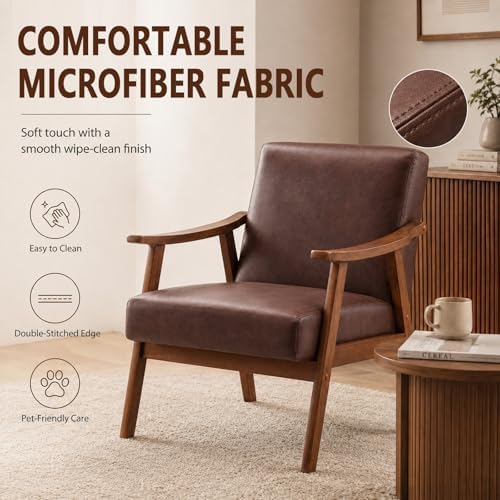 Anwick Mid-Century Modern Accent Chair,PU Leather Living Room Chair with Soli...