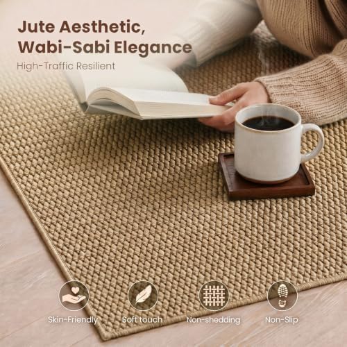 Washable Easy Jute Rug 5x7, Non Slip, Indoor Outdoor Natural Color Fiber Area...