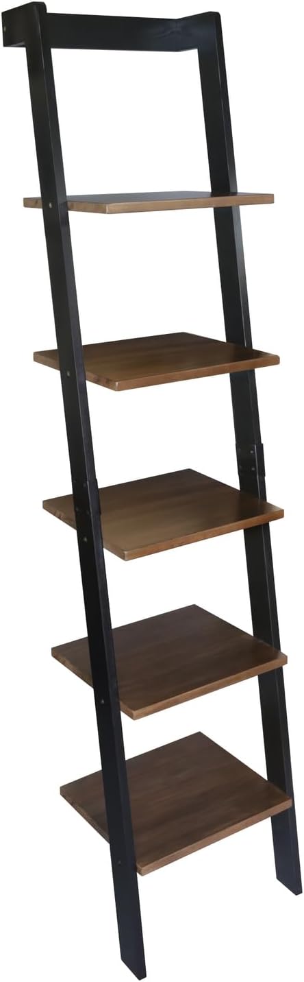 Kavari 5-Tier Leaning Ladder Bookcase with Solid American Gum Shelves - Black...