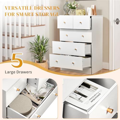 Karl home White 5 Drawer Dresser, Rose Gold Handle Modern Bedroom Chest