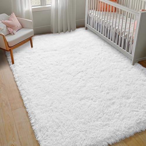 8x10 Large Area Rugs for Living Room, White Fluffy Shag Rug