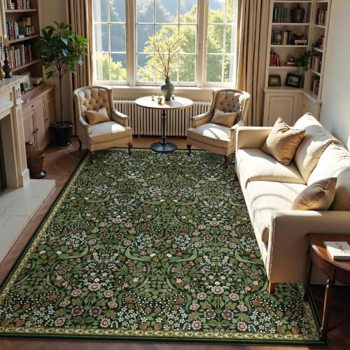 Moynesa Vintage Floral 9x12 Area Rugs, Green Washable Rugs for Living Room