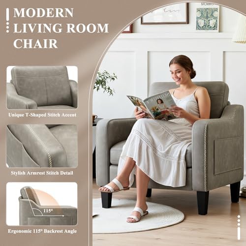 MALOL PU Leather Accent Chair Set of 2 with Solid Wood Frame, Grey