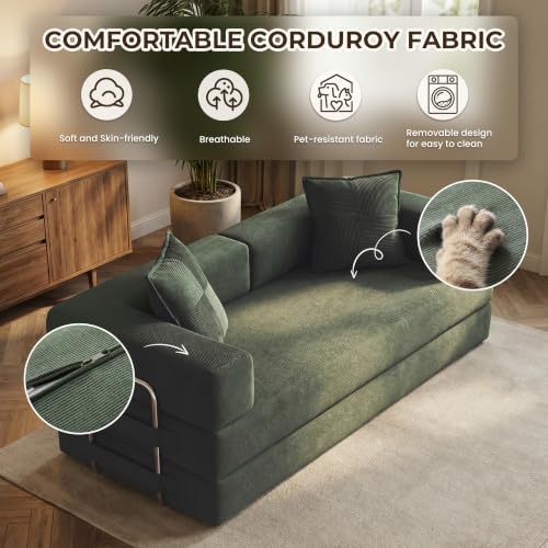 GRUSIGN 78" 5-in-1 Convertible Futon Sofa Bed, Boneless Corduroy, Green