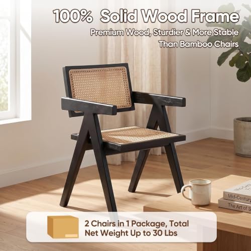 Accent Chairs Set of 2 Black Mid Century Modern Solid Wood Cane Armchairs
