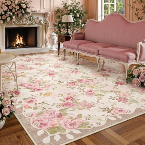 Lahome Vintage Floral 8x10 Area Rugs,Pink Large Living Room Rugs