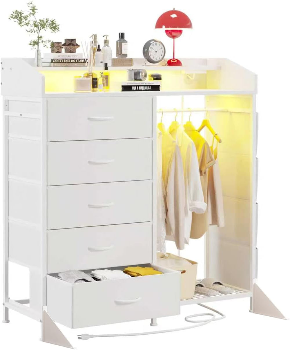 LUMTOK Modern 5 Dresser with LED Hanging Rack, Dresser with Clothes Rack, Han...