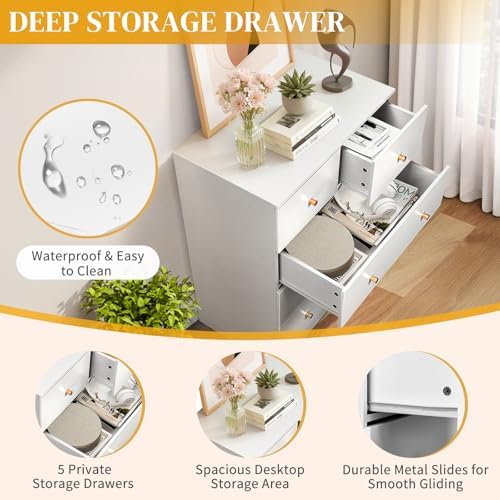 Karl home White 5 Drawer Dresser, Rose Gold Handle Modern Bedroom Chest