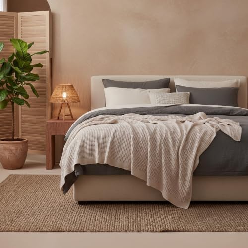 Bedsure 100% Cotton Blanket, Waffle Weave, Queen Size, Beige, 90"x90"