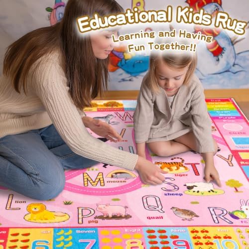4 x 6 Feet Pink Zoo Themed Kids Educational Play Area Rug for Girls | Pink Non-Slip Washable Kids Learning Rug, Alphabet Numbers Zoo Animals Week Seasons Design for Classroom Playroom