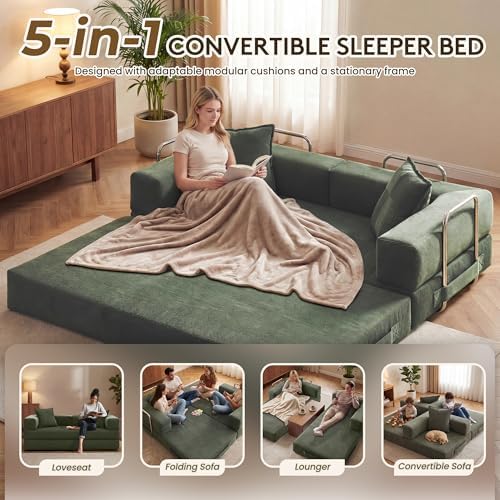 GRUSIGN 78" 5-in-1 Convertible Futon Sofa Bed, Boneless Corduroy, Green