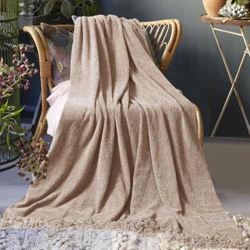 Chenille Throw Blanket for Couch 50" x 60", Taupe