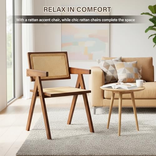 Furlide Rattan Dining Chairs Set of 2, Bamboo Armchairs in Walnut