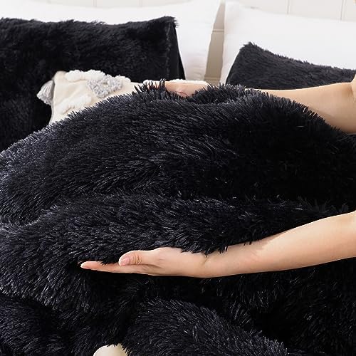 Smoofy Fluffy Queen Comforter Set, Black Faux Fur Comforter Set 3 Pieces