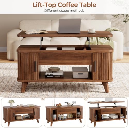 39.4" Mid Century Modern Lift Top Coffee Table, Wooden Fluted Coffee Tab...