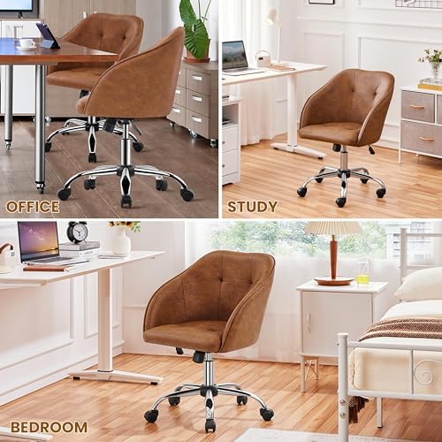 Yaheetech Faux Leather Vanity Chair with Wheels, Tufted Seat, Retro Brown