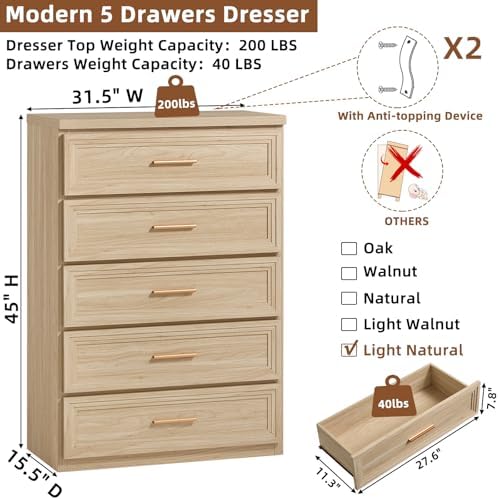 RWYHG Dresser for Bedroom 5 Drawer 45" Tall with Gold Handle Closet Storage