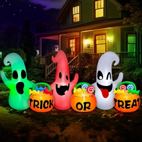 8 Ft Halloween Inflatable 3 Ghosts with Trick or Treat Pumpkin Candy Bags