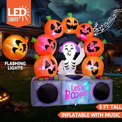 Joiedomi 6 FT Halloween Inflatable Music Skeleton and Pumpkin with Colorful LEDs, Blow Up Outdoor Yard Decoration for Party Decor