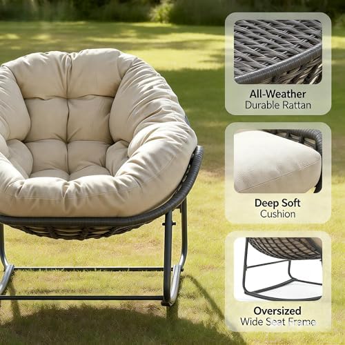 YDcosyfy Oversized Outdoor Papasan Rocking Chair with Soft Cushion, Comfy Pat...