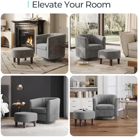 LINSY Swivel Accent Chair with Ottoman: Small Velvet Barrel Chair 360 Swivel ...