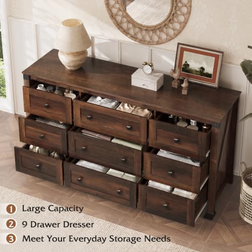 WLIVE Brown Dresser for Bedroom, 9 Drawer Wooden Chest of Drawers with SGS-Te...