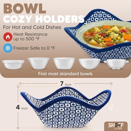 Sheff Microwave Bowl Cozy Holders Set of 4 - Durable and Reliable for Hot and Cold Plates and Dishes - Ideal Household Gift (Navy and White, 7 inch)