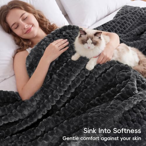 PHF Soft Cozy Fleece Blanket King, 340GSM Lightweight Warmth, Dark Grey