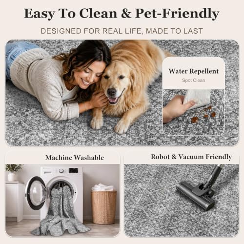 Grey 5x7 Area Rug for Living Room Bedroom Dorm Washable Rugs