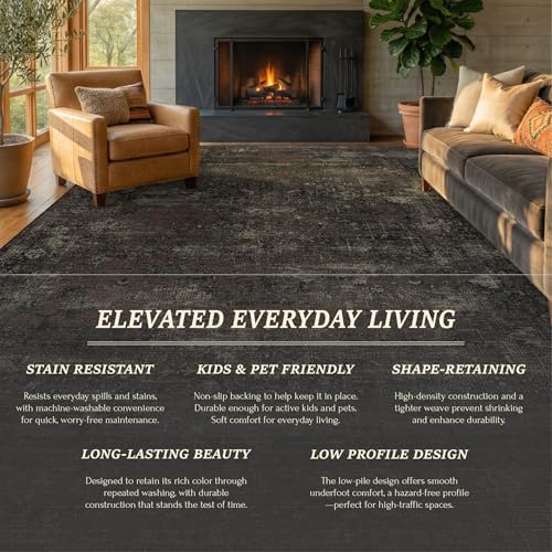 TALANOVA Black Farmhouse Washable 8x10 Area Rugs for Living Room, Dark Charco...