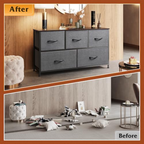 WLIVE Wide Dresser for Bedroom, 5 Drawer Chest of Drawers, Dark Grey