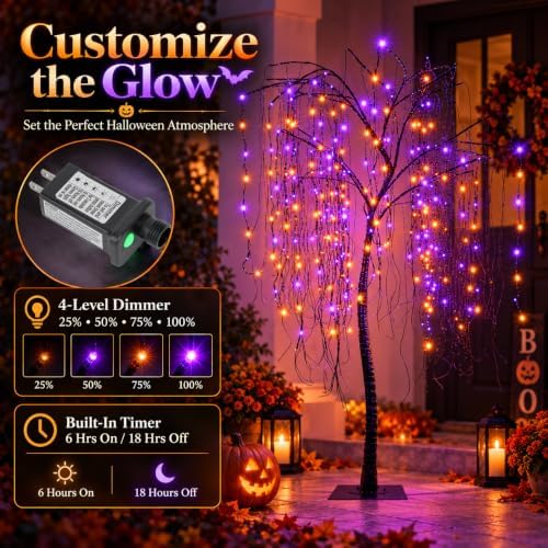 7 FT Halloween Lighted Willow Tree 256 LED Orange and Purple Lights Artificia...
